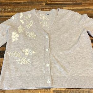 Jigsaw Heather Gray Cardigan with Ivory Floral Accents
